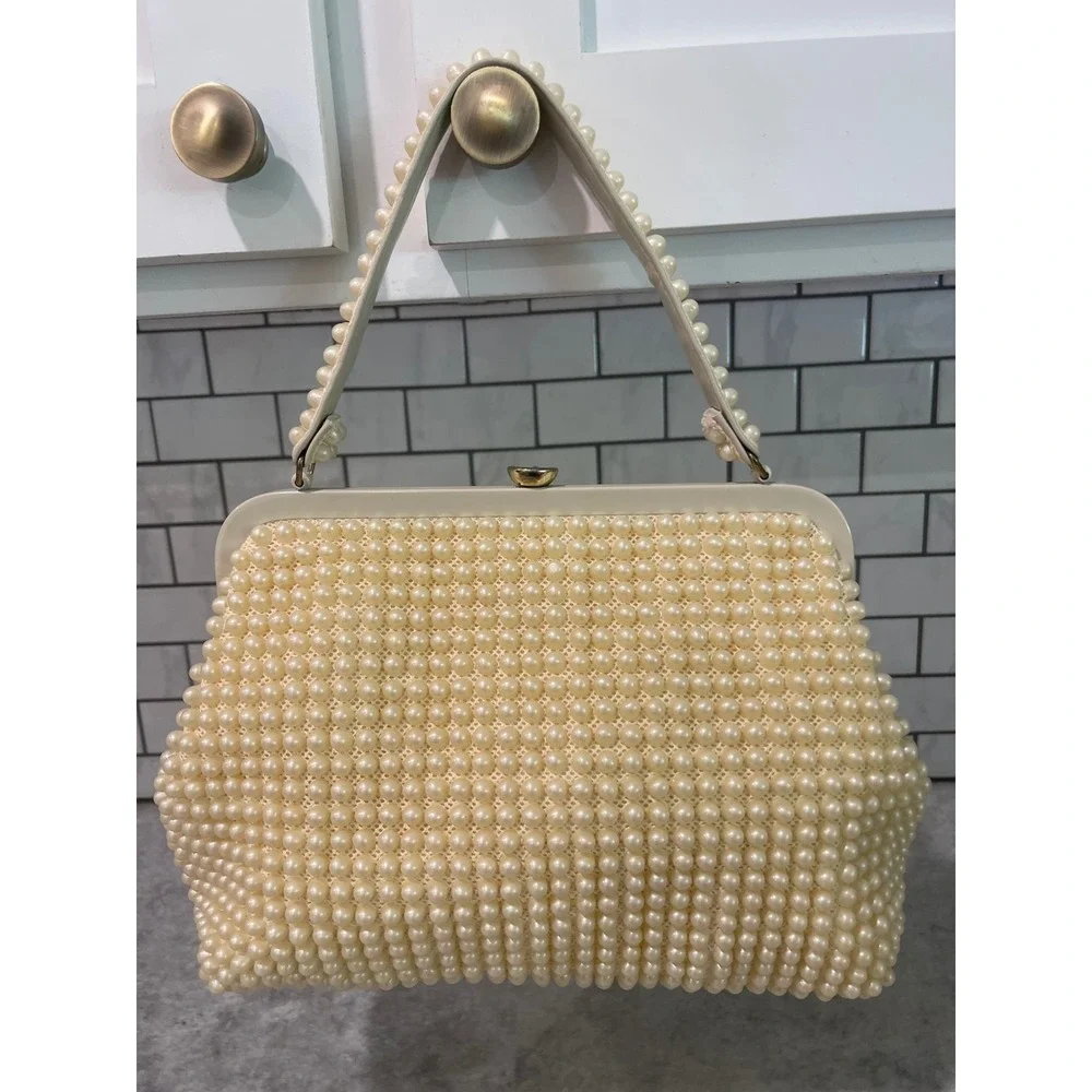 Grandee Bead Handbag Women Small Cream Faux Pearl Vintage Wedding Formal Purse